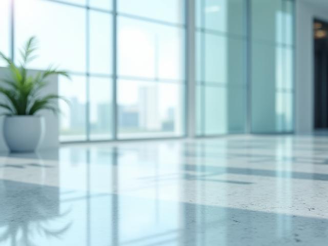 A clean, modern office space being lightly dusted by an unseen professional cleaner, symbolizing efficiency and quality service.